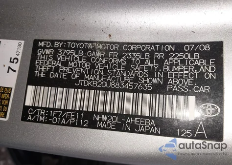 2008 Toyota Prius z USA, uszkodzony, nr VIN JTDKB20U883457635